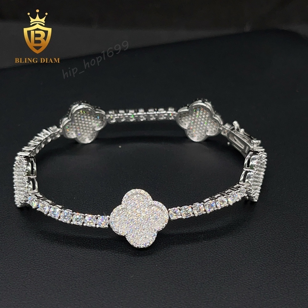 In Stock Iced Out Hip Hop Bracelet D Color VVS Moissanite Tennis Chain S925 Sterling Silver Four Leaf Flower diamond Bracelet