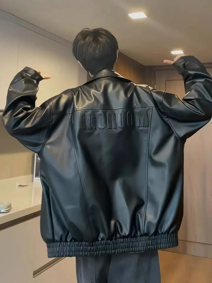 Men's Hiphop Biker Leather PU Jacket Steel Stamped Letters Oversized Vintage Punk Coat for Spring Autumn Urban Streetwear 261013