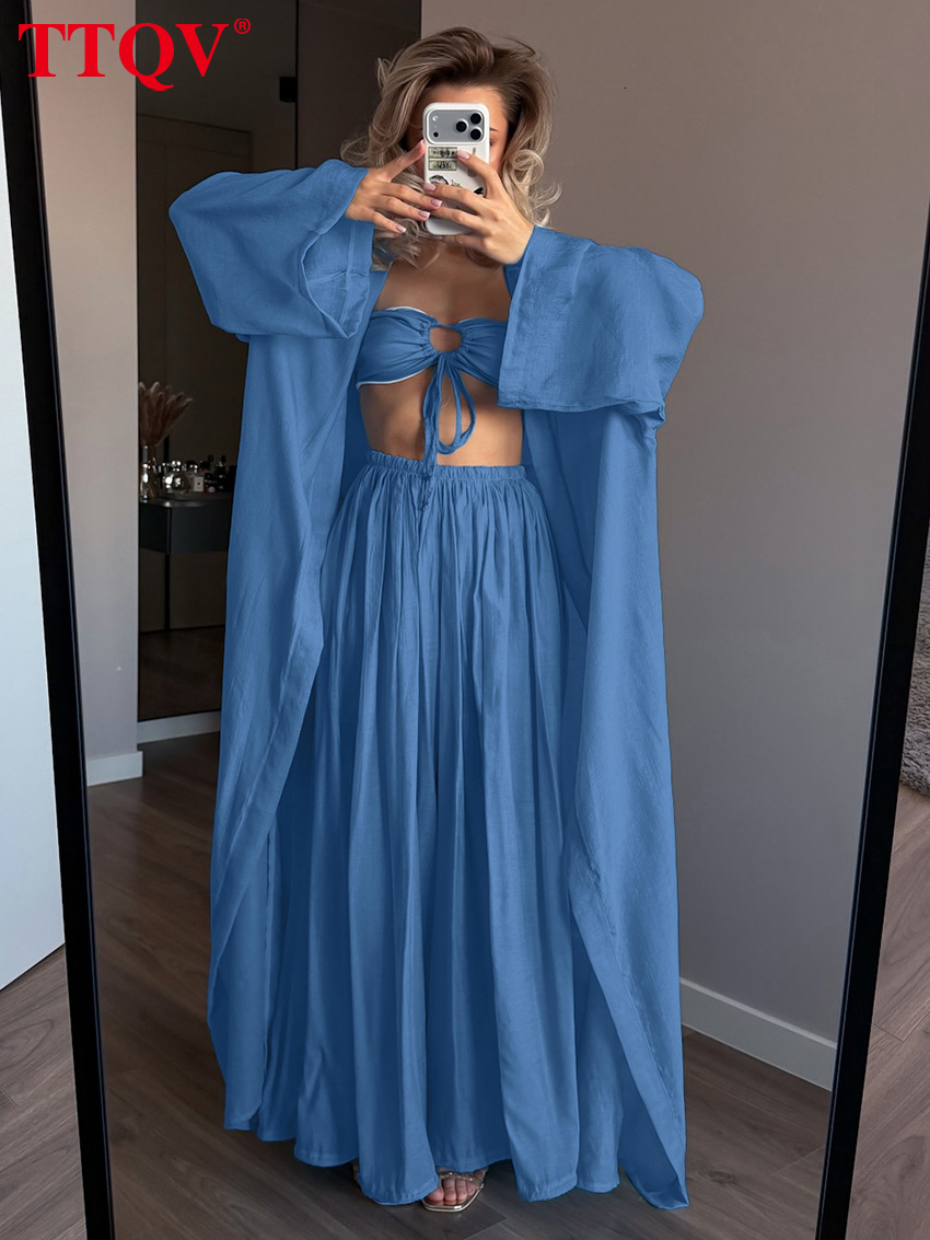 Fashion Loose Blue Women's 3-Piece 2026 Sexy Long Sleeve Robes + Tank Top With High Waist Wide Pants Set Female Clothes