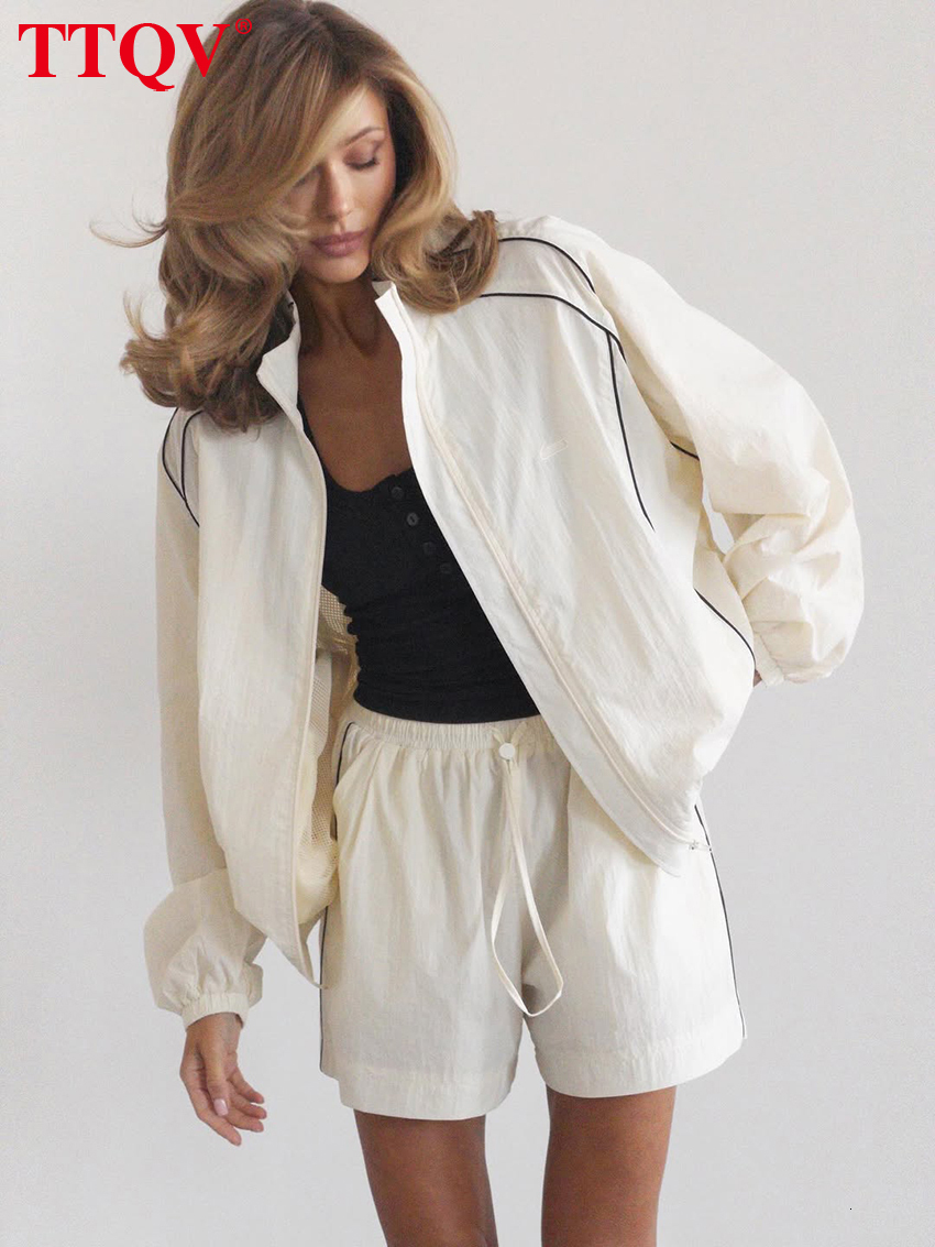 2026 Fashion Loose Beige Two Pieces Outfits Woman 2027 Casual Long Sleeve Shirt With High Waist Shorts Set Female Clothing