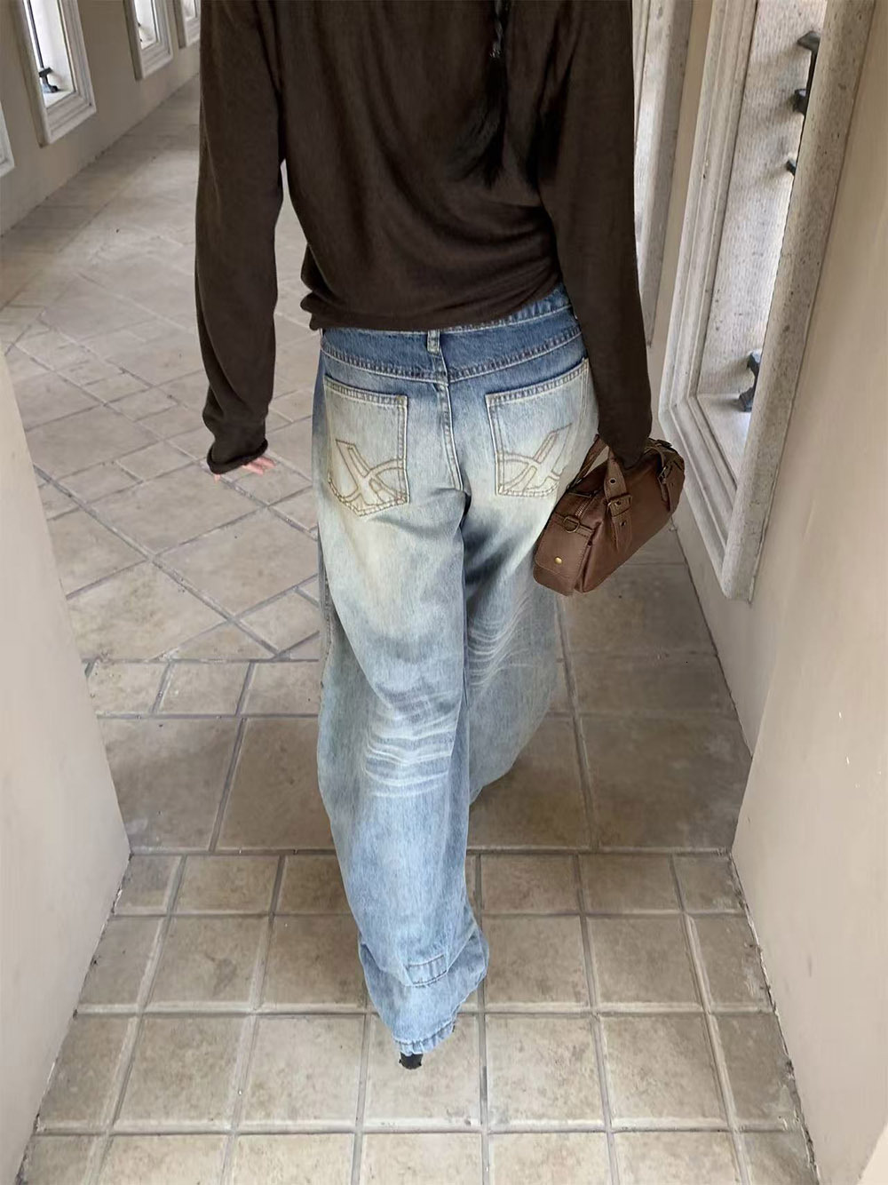 Women Curved Leg Jeans Unique Pattern Loose Fit Wide Leg Denim Pants American Style Autumn Casual Street Style Daily Wear Versatile Long Trousers Fo