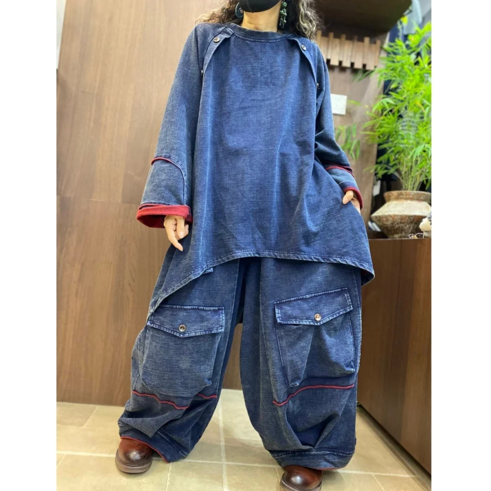 Casual Oversize Denim Pant Set Women Loose Fit Washed Top Versatile Colorblocking Two Piece LX6802 261015