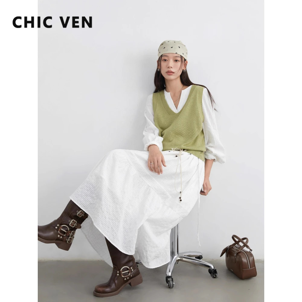 CHIC VEN Women Dress Sets A Line Long Sleeve Solid Loose Casual Female Long Dress with Knitted Vest Spring Autumn 2026 261015
