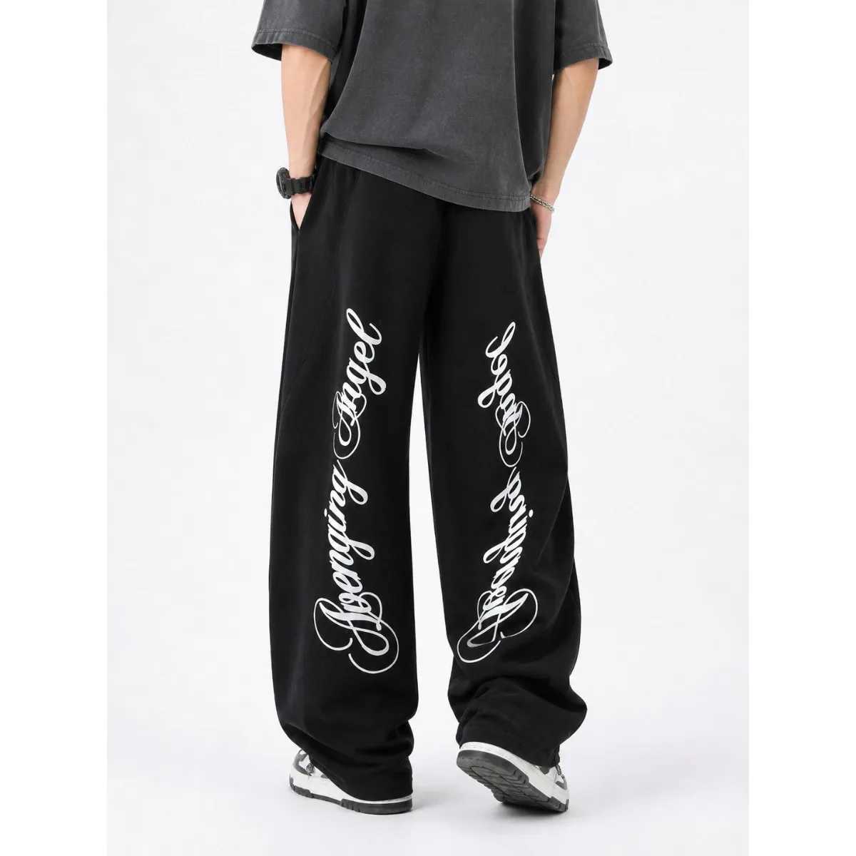 American Style Casual Loose Fit Pants Men's Drawstring Grey Letter Print Long Straight Leg Trousers Versatile Sporty Sweatpants S261016HNV3