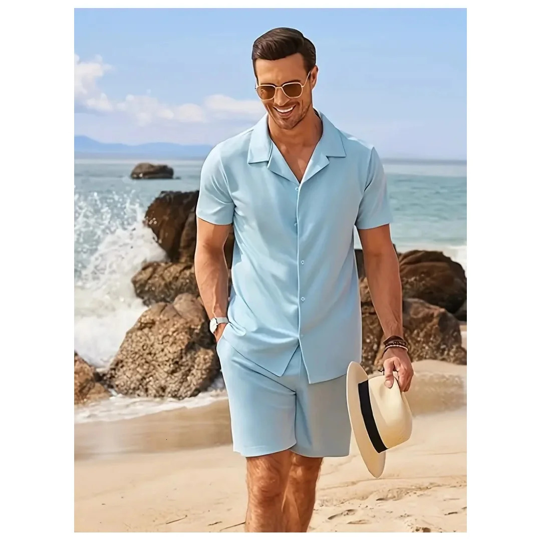 Fashion Summer Men Shirt Suit Simple Solid Sleeve Casual Lapel Shirt Oversized Beach Short Hawaii Clothing y2k Beach Shorts Set 261012