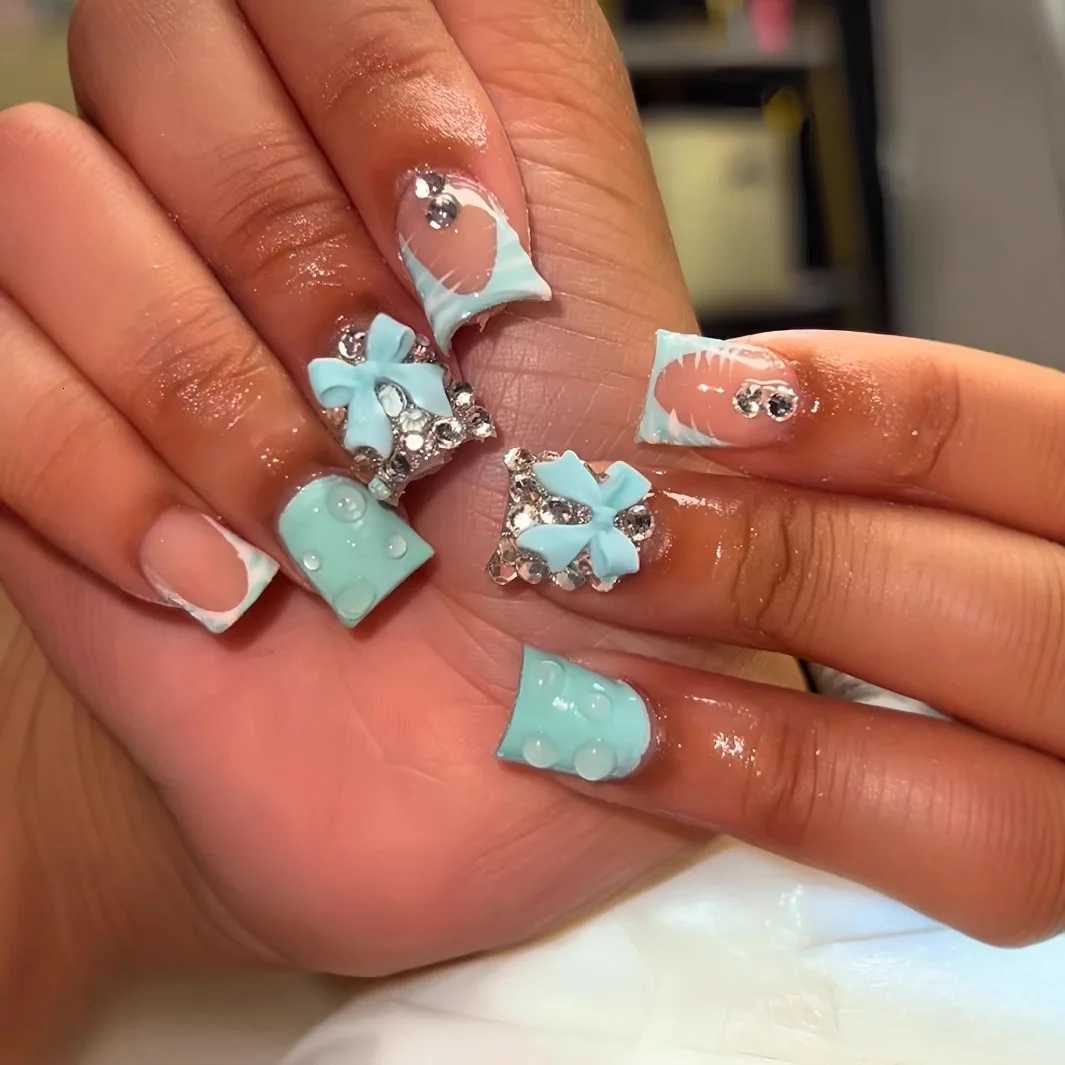 False Nails 24Pcs French Duck Bill Design Press on Nails Sets Golden Diamond Butterfly Full Cover False Manicure Patch Detachable Fake Nail Q261017