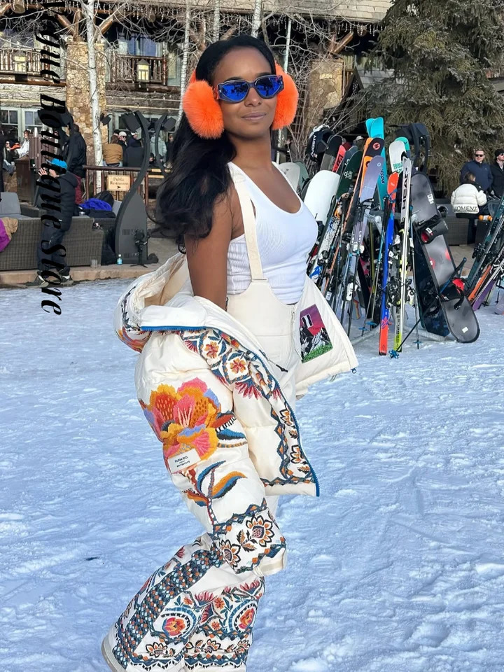 Elegant Print Coat Pants Women s Skiing Set Chic Hooded Stand Collar Zippers Jacket Wide Leg Trousers Thicken Winter Lady Suit 261016