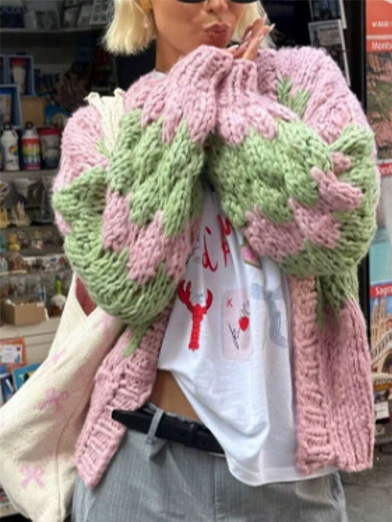 Women Oversized Chunky Knit Cardigan Pink Green Color Block Open Front Balloon Sleeve Hand Knit Sweater Coat Y2K Streetwear