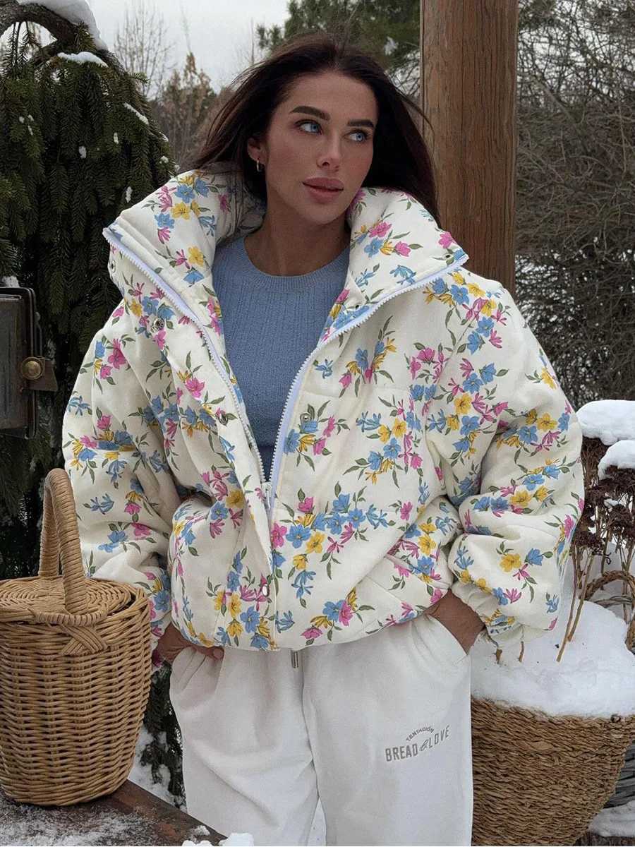 Women's Down Parkas Wolfeel New Women's Puffer Jacket Oversized Stand Up Collar Zipper Closure Floral Print Warm Cotton Filled Coat Autumn