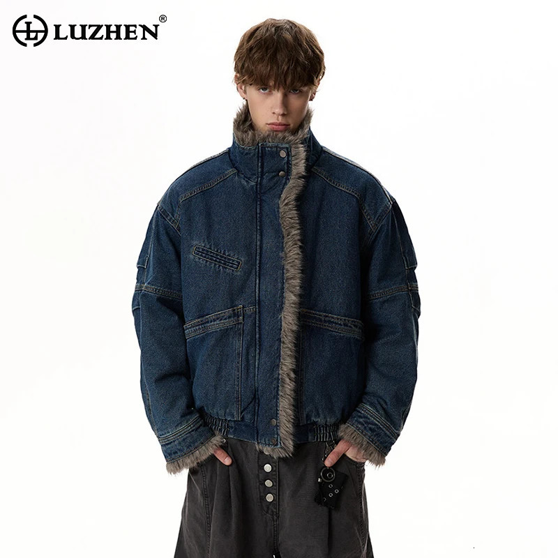 LUZHEN Splicing High Quality Faux Fur 2026 Design Winter Denim Padded Coat Men's Fashion Handsome Thickened Parka Jacket