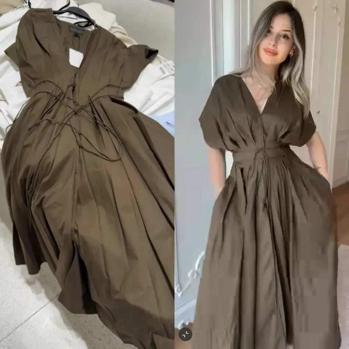 Women Casual Dress ETJ Summer Womens Elegant Party Vintage V Neck everyday Fashion Pleated Lace Up MIDI Poplin Ladies Basic f73