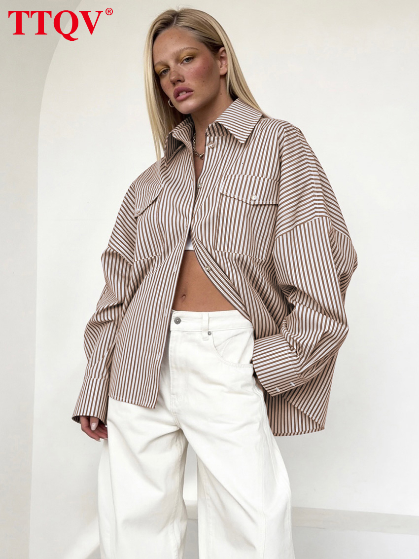 Fashion Loose Stripe Women's Blouse 2026 Autumn Winter Lapel Long Sleeve Lady Shirt Elegant Classic Top Female Clothing