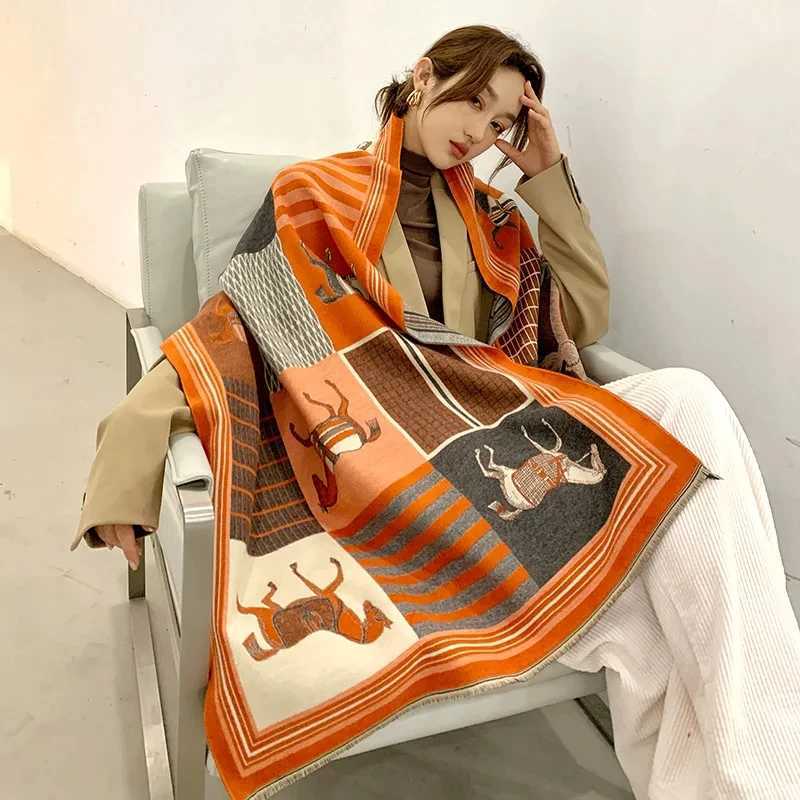 2024 New Luxury Winter Cashmere Scarf Women Design Warm Pashmina Blanket Horse Scarves Female Shawl Wraps Thick Foulard Bufanda S261017049S