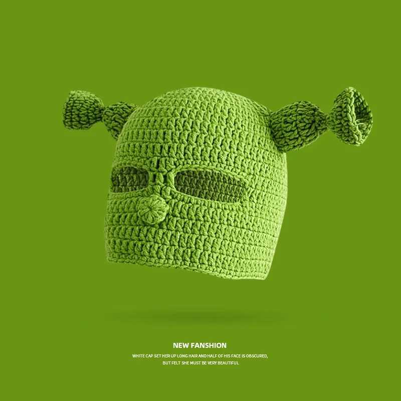 Beanie/Skull Caps 2022 New Balaclava Monster Wool Winter Knitted Devil Hats Halloween Christmas Gifts Winter Warm Green Party Funny Cap Shrek Hat Q2