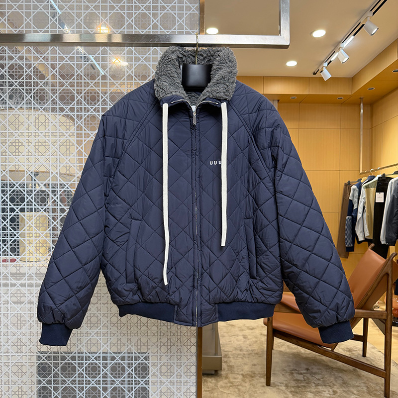 Women Navy Quilted Padded Jackets Fleece Collar Ribbed Cuff Thicken Coats with Pocket Winter Chic Daily Warm Jacket for Women