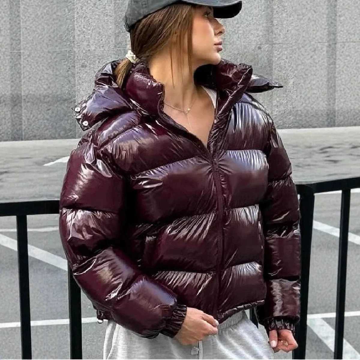 Women's Down Parkas MsChuh Women's Down Coats Hooded Shiny Short Puffer Coat Ropa Mujer Wine Red Warm Winter Jacket Daily Street Outdoor O