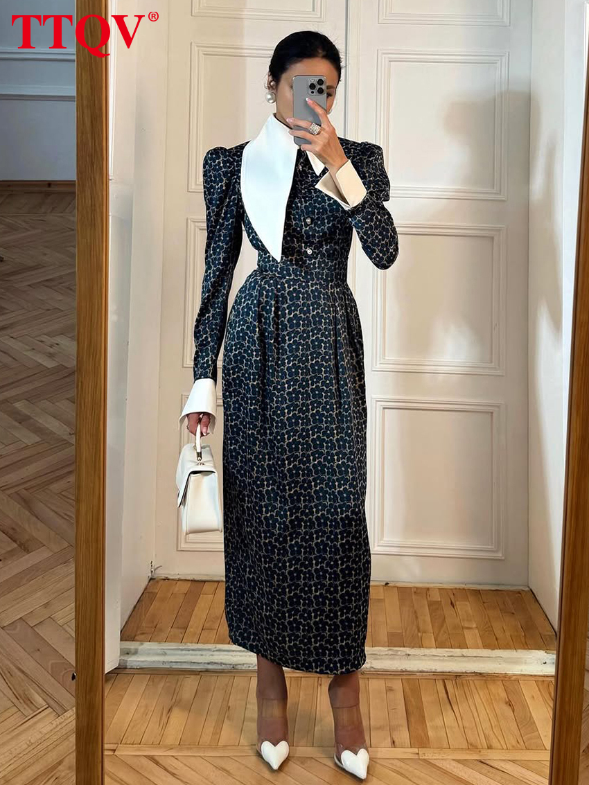Fashion Lose Print Women's 2026 Spring Lapel Long Sleeve Ankle Length Dresses Elegant Classic Patchwrok Female Dress