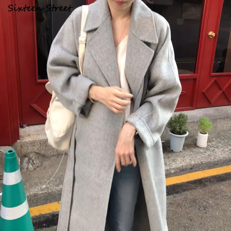 Vintage Gray Woolen Jacket for Woman Autumn Winter Thicken Oversized Blends Long Coats Female Korean Fashion Streetwear Clothes 261016