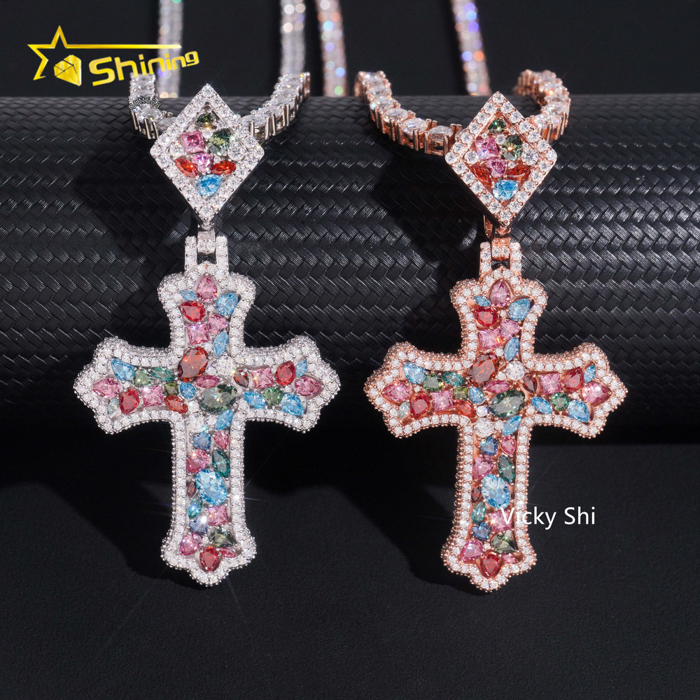 GRA Certificated 925 Sterling Silver Fancy Cut Colored Moissanite Cross Pendant Custom Moissanite Pendant Men Hip Hop Jewelry