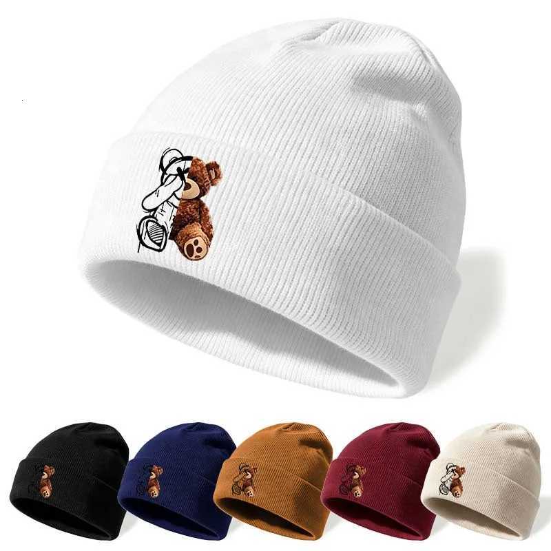 Beanie/Skull Caps Cute bear embroidered knitted caps for men and women autumn and winter outdoor warm sports event woolen caps Q261017