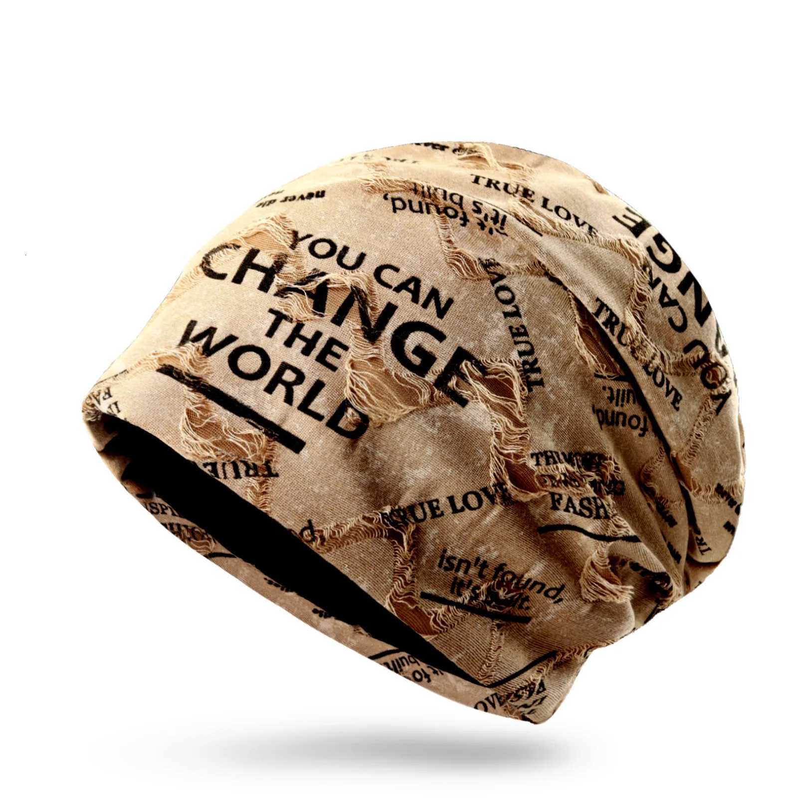 Beanie/Skull Caps Vintage Distressed Letter Print Slouchy Beanie Women Elastic Baggy Skull Cap Spring Autumn Double Layer Fashion Head Wrap BonnetT2