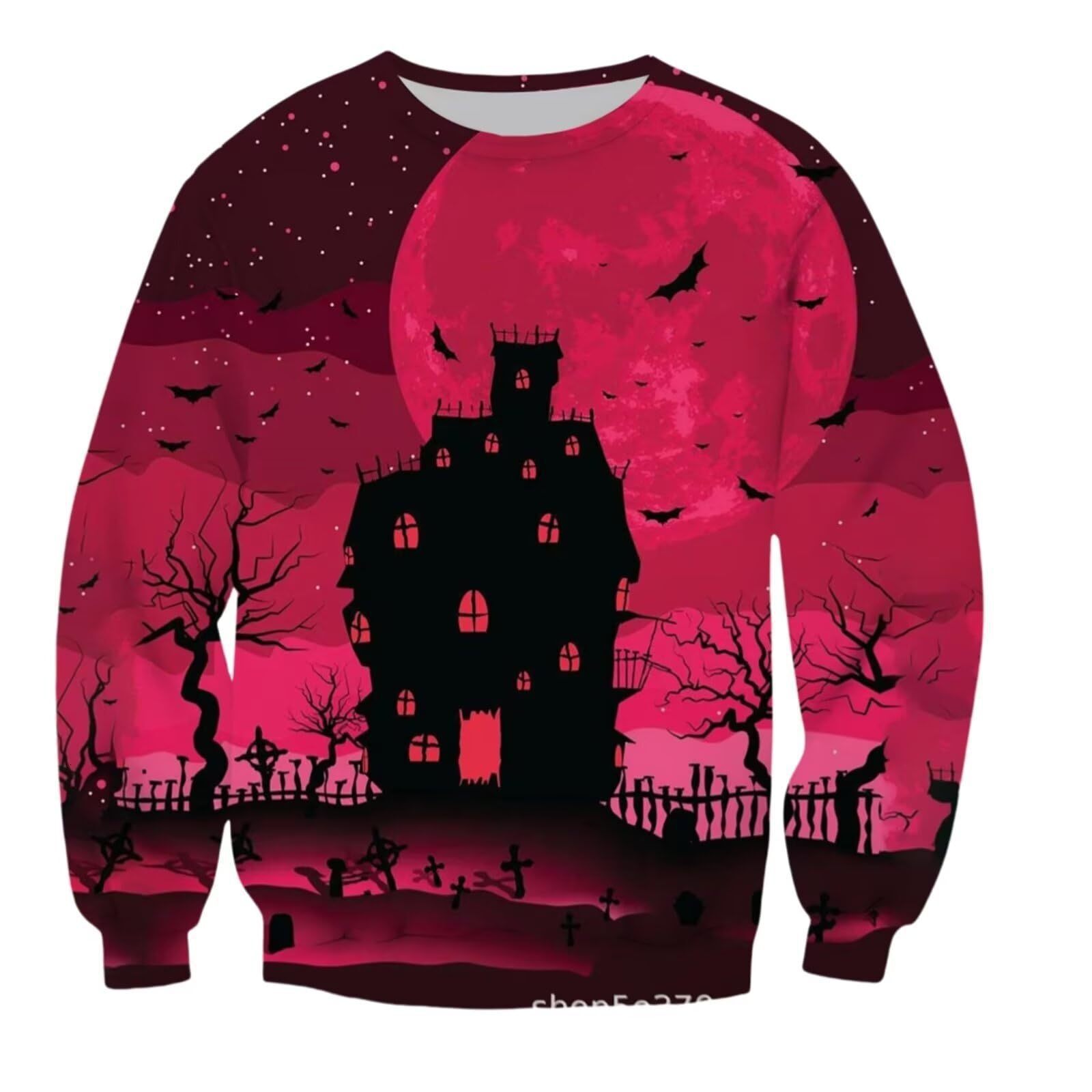 2026 Halloween Black Cat And Skull All-Over Crewneck Sweatshirt, New Autumn/Winter Digital Print Long-Sleeve Top, Trendy Holiday Outfit Free Shippin