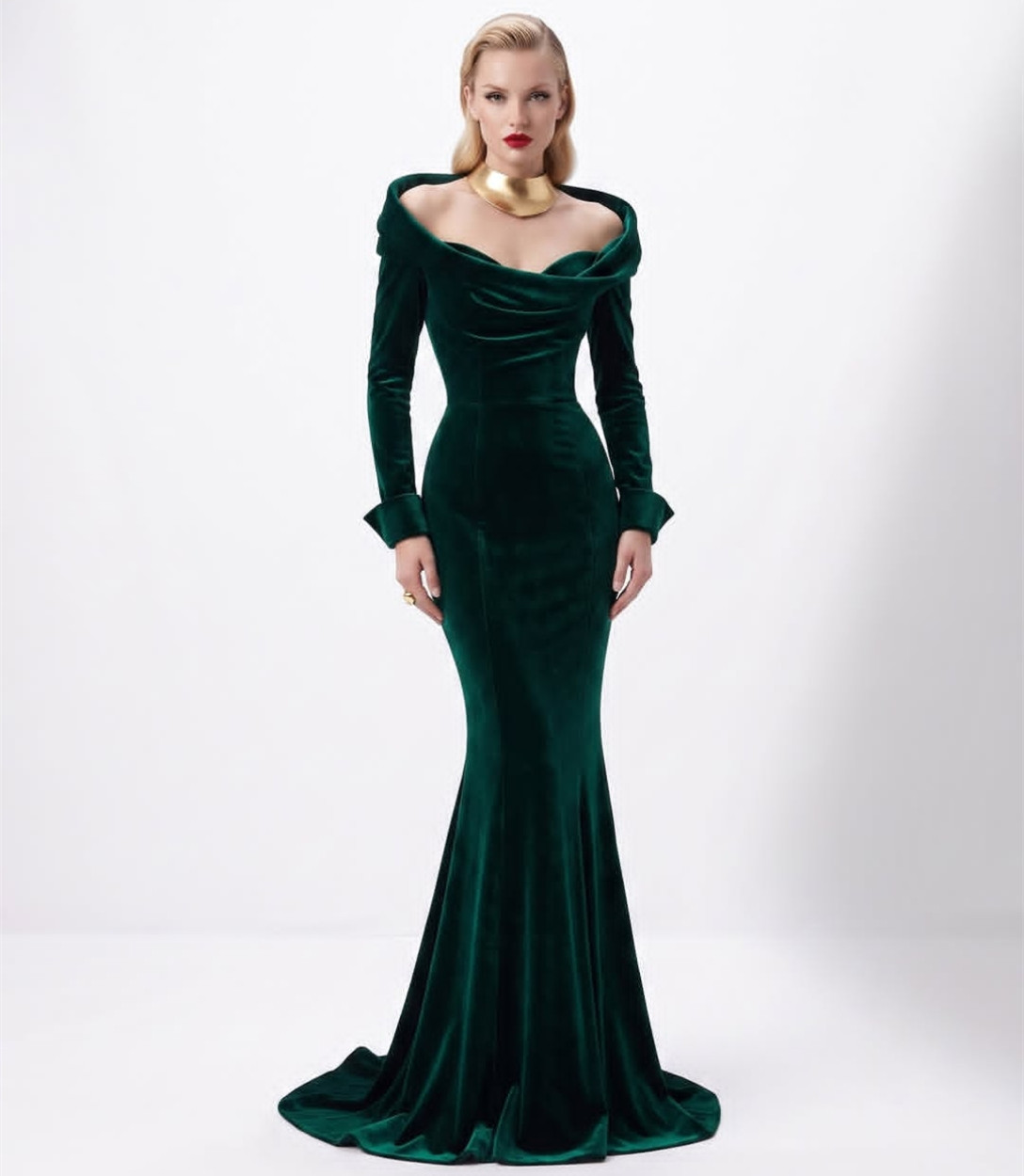 Elegant Long Green Velvet Evening Dresses Pleated Mermaid V-Neck Zipper Back Watteau Train Formal Occasion Prom Party Gowns for Women