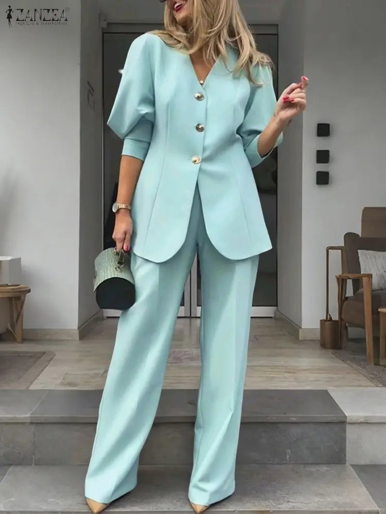 Elegant Autumn 2 Piece Sets ZANZEA Office Women Outfits V Neck Long Sleeve Tops Pants Sets Stylish Solid OL Work Tracksuit 261016