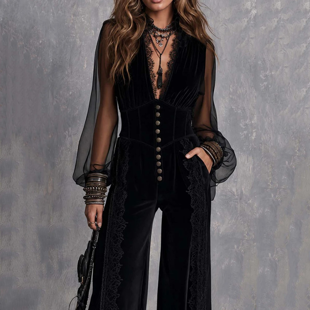 Women's Velvet Mesh Sheer Jumpsuit Gothic Sexy Deep V Neck Lace Trim Puff Sleeve High Waist Slim Straight Vintage Elegant Romper 261015