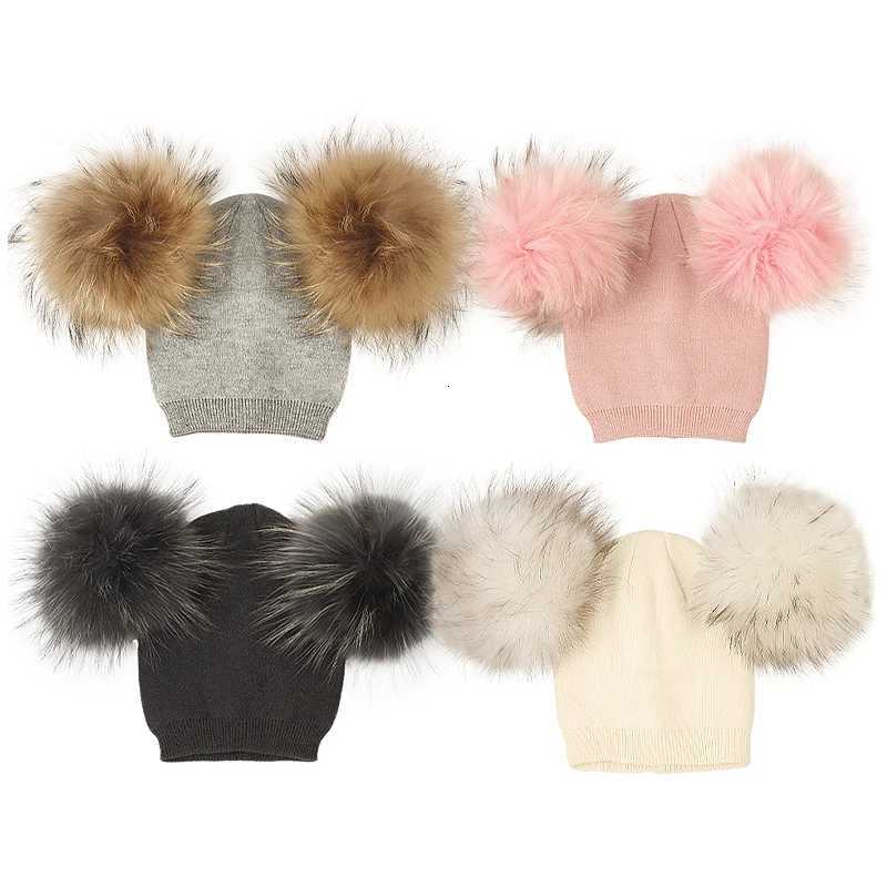 Beanie/Skull Caps Baby Girls Boys Winter Children Wool Hats With Double Real Fur Pompon Kids Cap Thick Warm Knitted Beanies Outdoor Windproof Hats Q