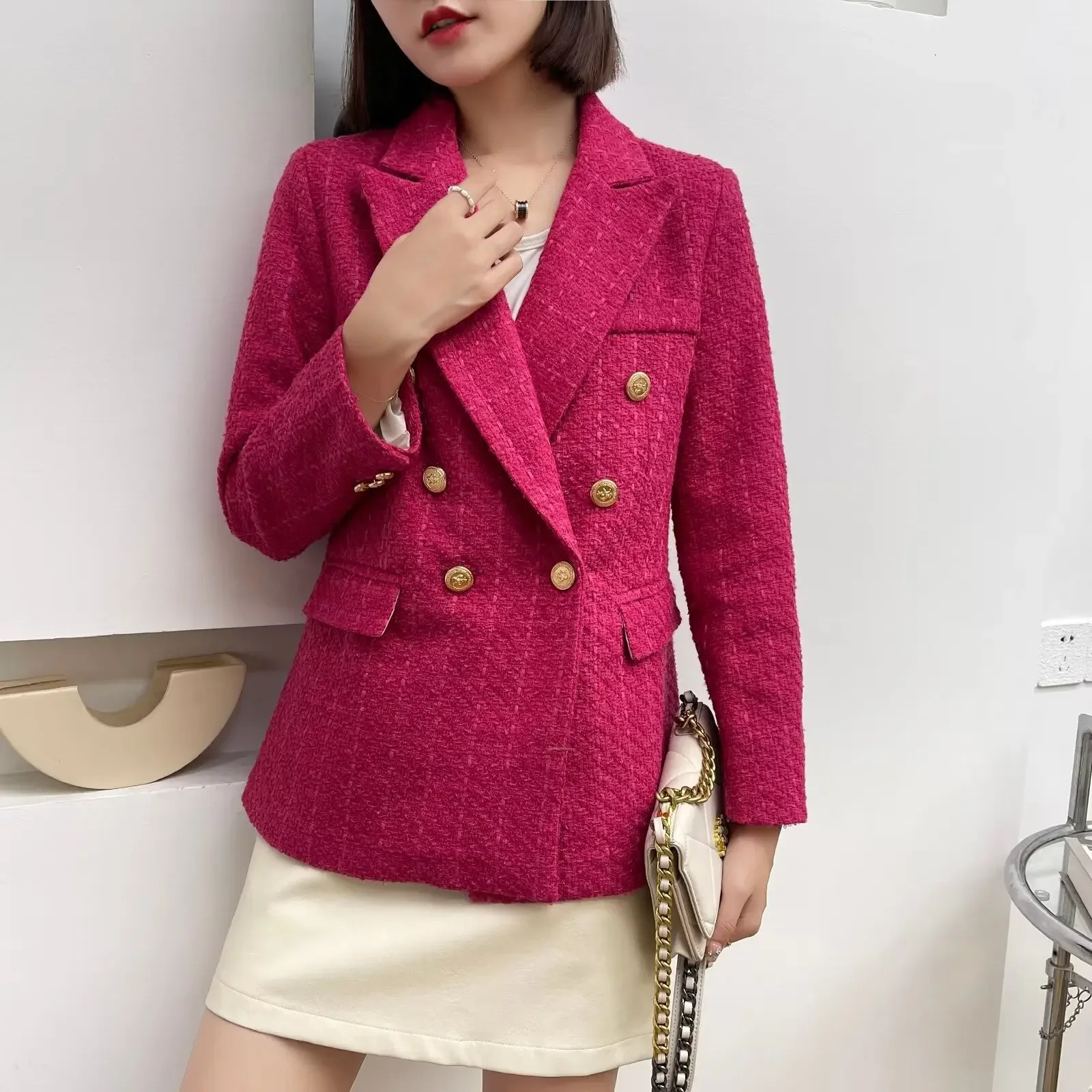 Double Breasted Women's Rose Red Blazers Available in Green Beige Black Women Suit Jacket Spring Vintage Female Coats 261015