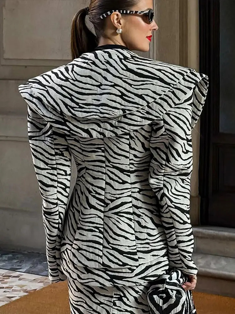 Fashion Zebra Print DeepV Jacket Skirt Set Women Lapel Full Seeve Cinched Waist Coat Slim Skirt Suit Lady Chic Sets 261016