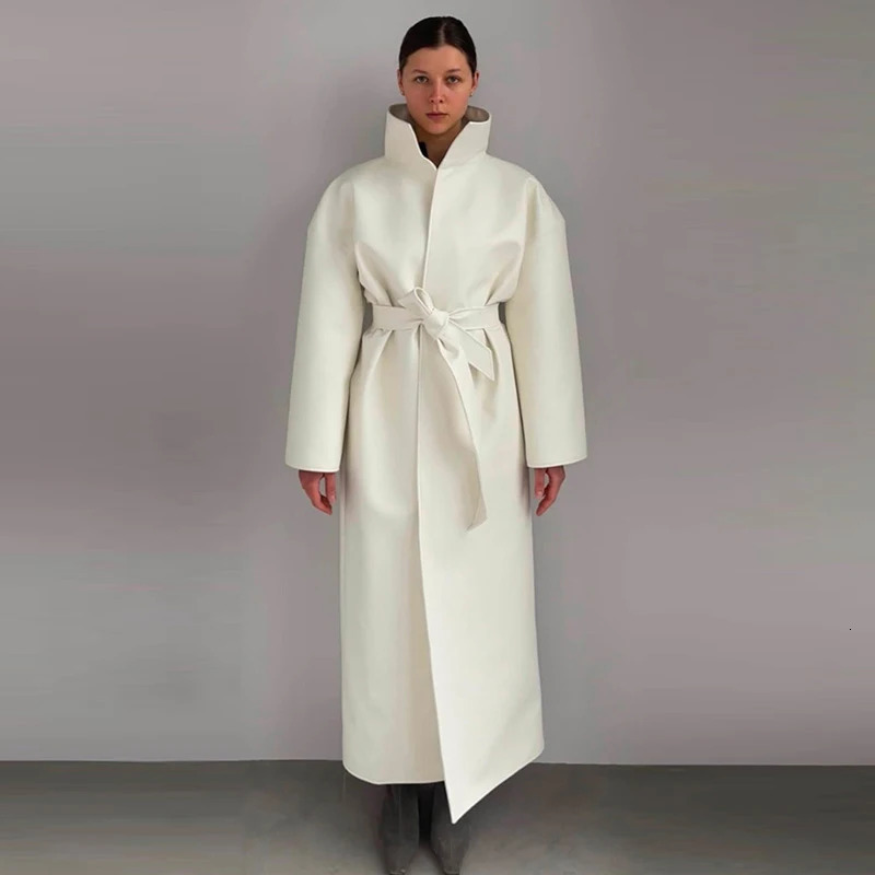 Autumn Winter Women's Faux Leather Maxi Long Coat High Stand Collar Belted Waist Loose Solid Elegant Office Outerwear 261016