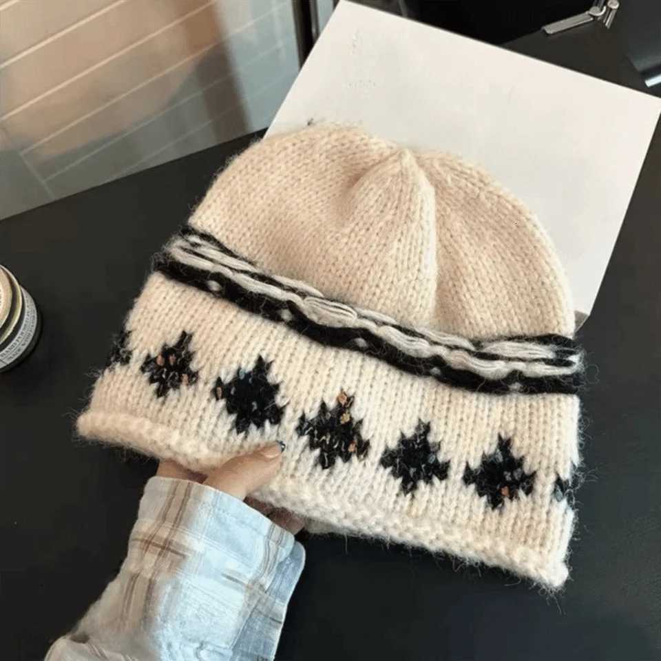 Beanie/Skull Caps Jacquard Pattern Retro Beanie Hat Knitted Warm Jacquard Knitted Hat Korean Fair Isle Style Winter Cold Hat Women's FashionT26