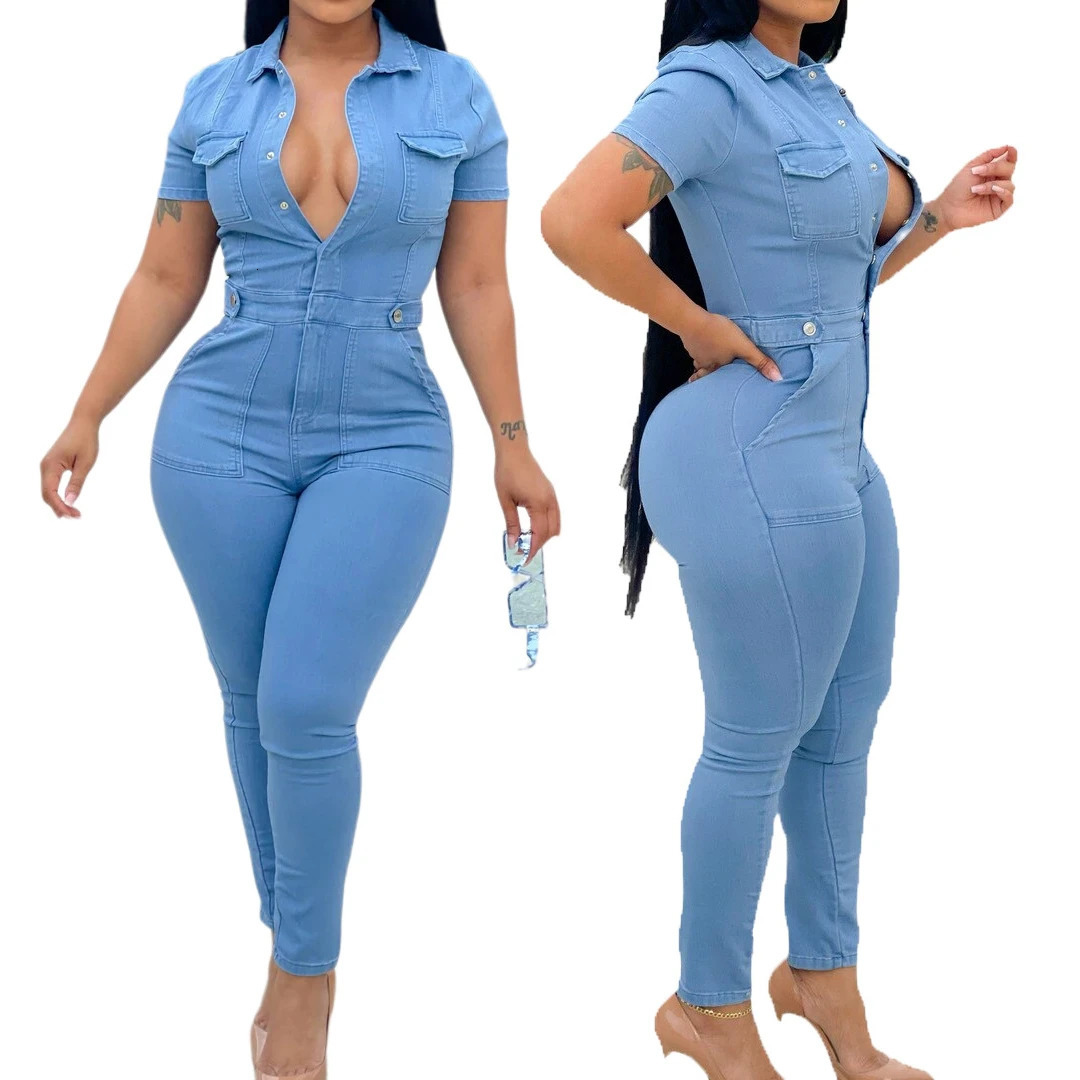 One Piece Women Denim Jumpsuits Turn Down Collar Full Sleeve Rompers Sheath Long Pants Overalls Sexy Slim Fit Hight Waist 261015