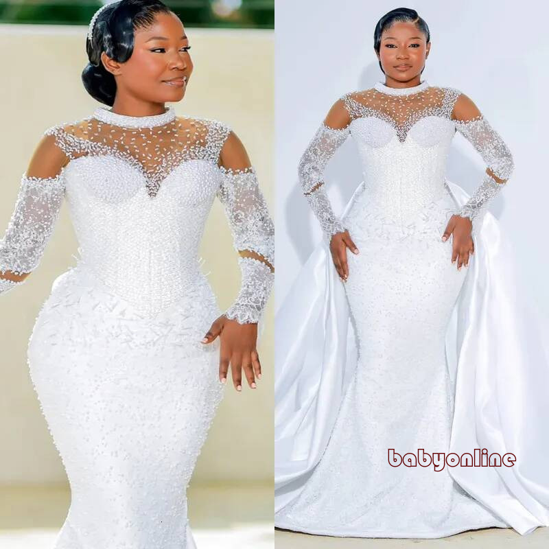Plus Size Off White Bride Mermaid Wedding Gowns Detachable Train Tiers Beaded Lace Rhinestones Bridal Dress For Marriage D923
