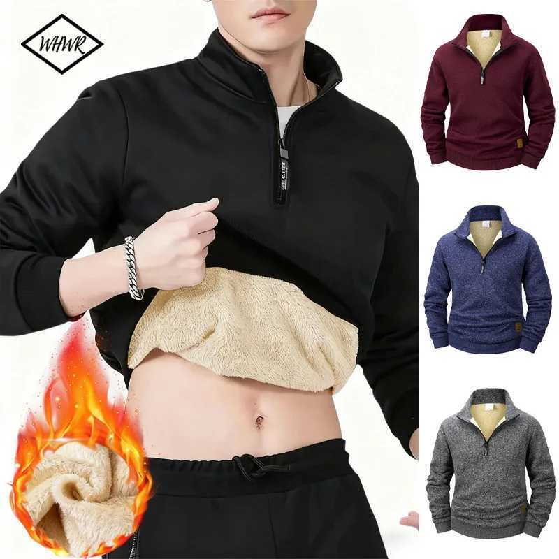 Men Fce Lined Sweatshirts Winter Warm Pullover Half Zipper Pullover for Male Hoody Outdoor Sweatshit Solid Color Stand Collar S261017UYTE