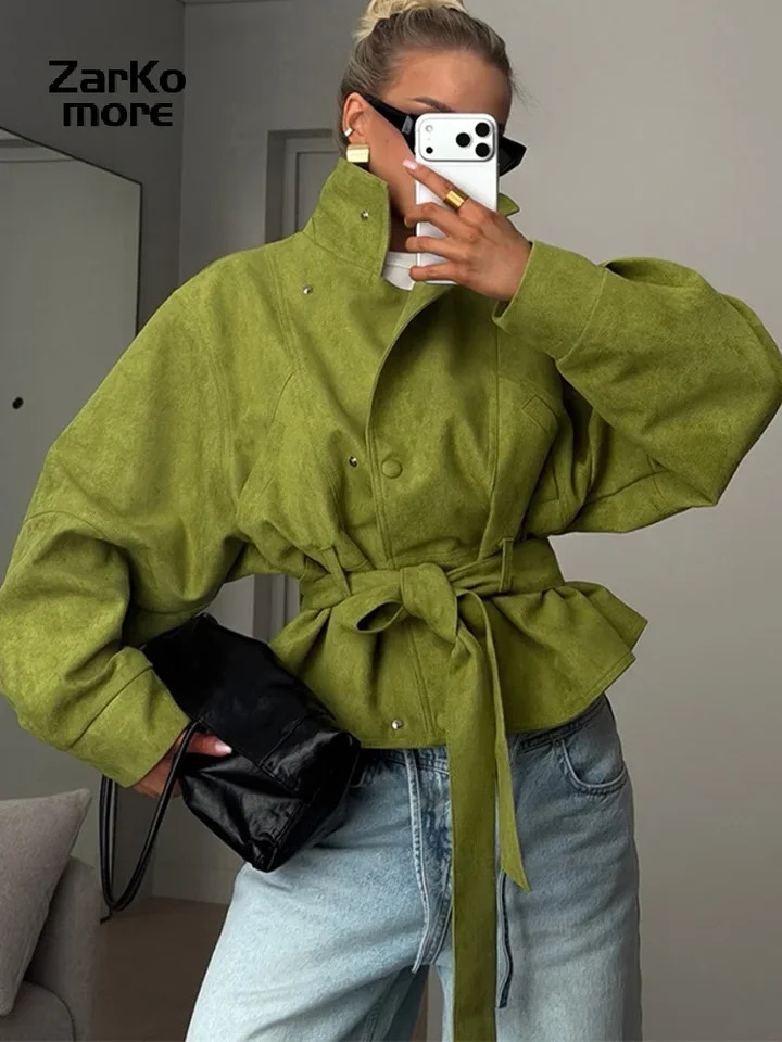 Vintage Women's Suede Jacket Lace Up Lapel Button Loose Long Sleeve Thick Female Coat 2026 Spring Autumn Lady Street Outwear 261015