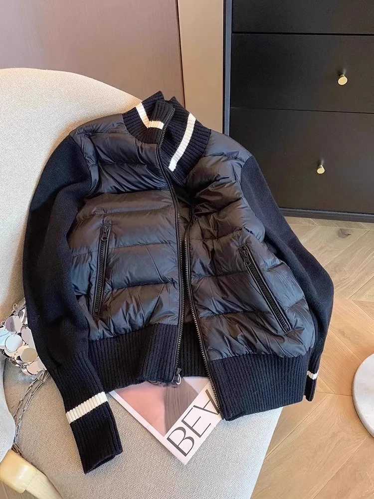 Women's Down Parkas Women's Down Cotton Jacket Autumn Winter Color Contrast Splicing Knitted Long Sleeve Coats Lightweight Stand Collar Ou