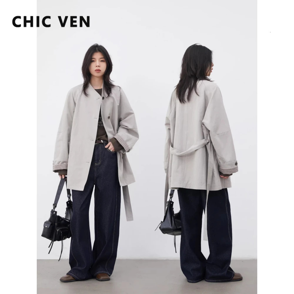 CHIC VEN Fashion Women Mid-length Trench Coat Loose Casual Minimalist Patchwork Plaid Female Windbreaker Belt Spring Summer 2026 261015