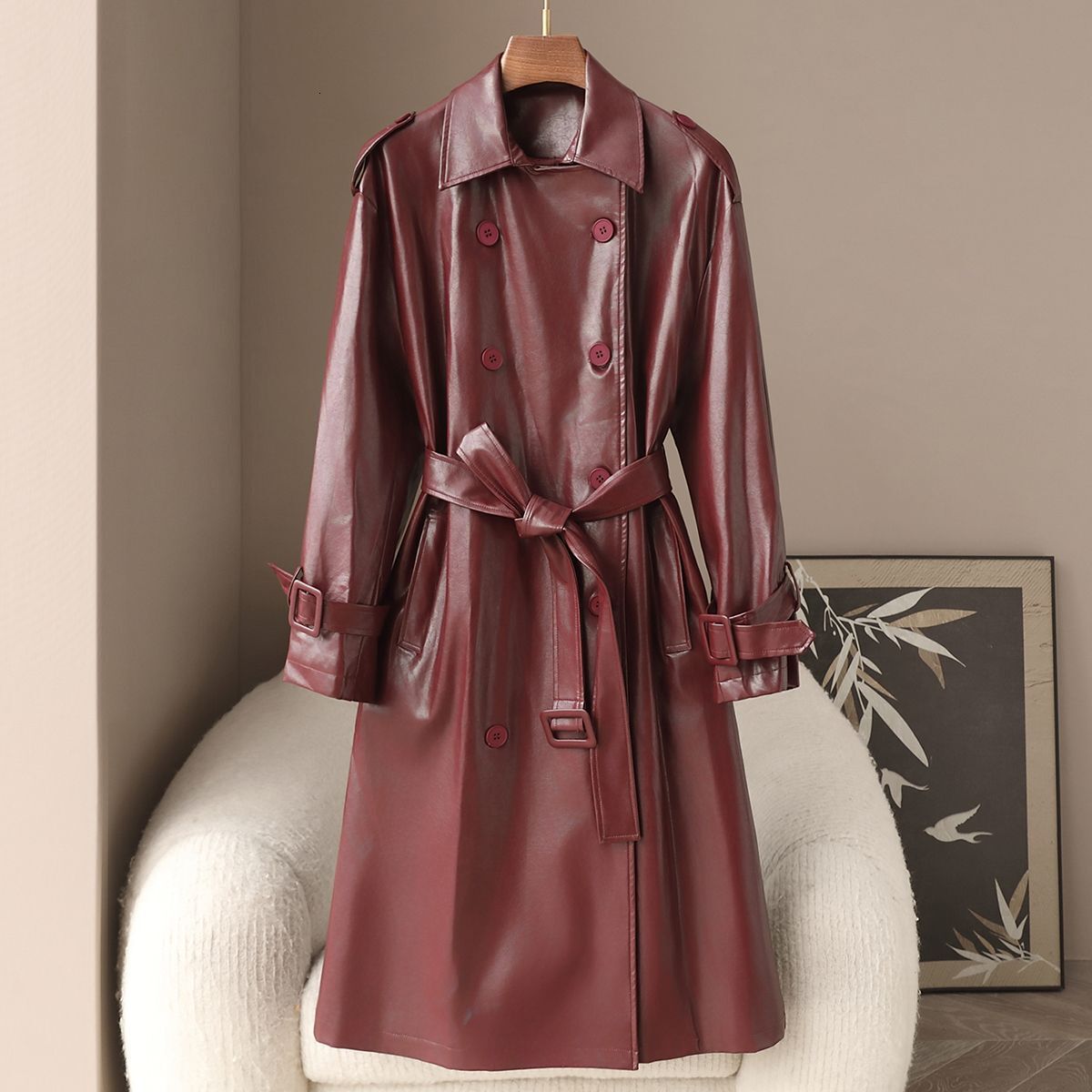 Limited Edition Clothing: Spring New Collection, Women's Fitted PU Jacket, Retro Old Money Style, Knee-Length, Korean-Style Leather Trench Coat