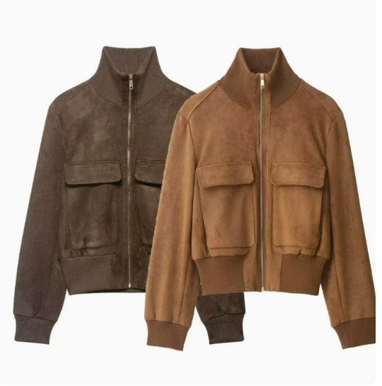 European And American Women's Fashion,French-Style Ribbed Stand-Up Collar Bomber Jacket Makoufei Makoufei