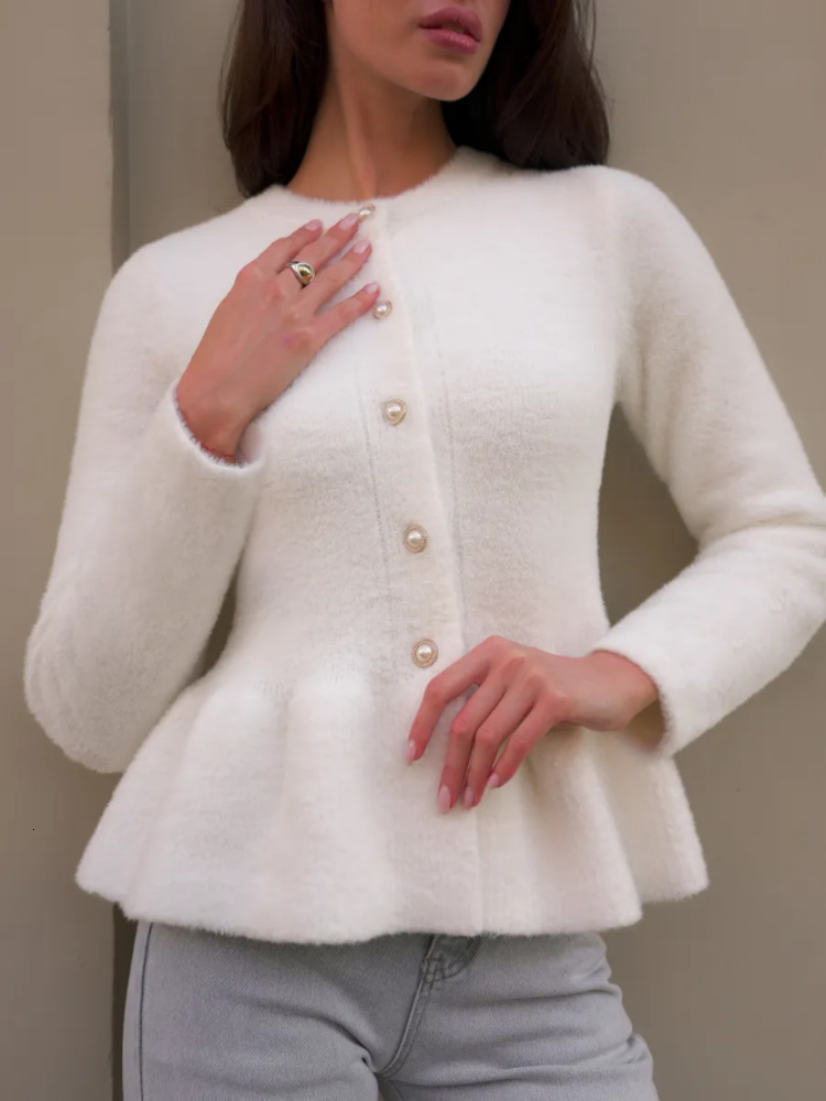 High End, Elet, Feminine French-Style Top, New Autumn/Winter Collection, Round Neckline, Fitted Waist, Ruffled Long Sleeves, Sweet And Charming Knit