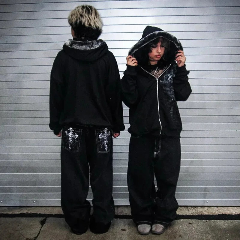 Y2K Streetwear Jeans American Street Clothes Mens Womens Harajuku Skull Straight Wideleg Pants Hiphop Casual Hoodie Top 261016