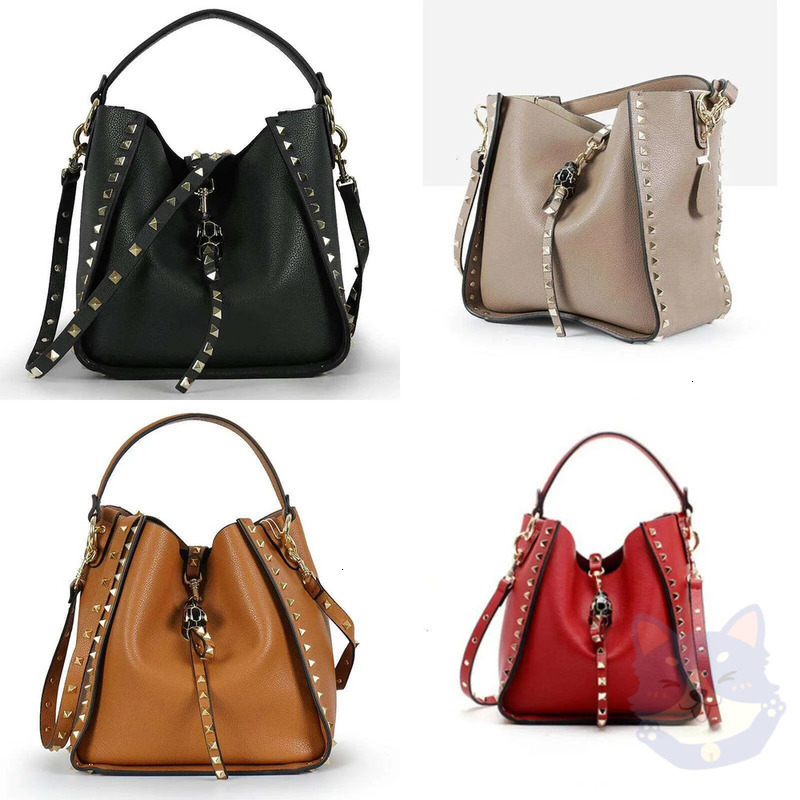 Suotong Luxury Genuine Leather Shoulder Bag Tiger Head Rivet Tote with Inner Pocket Soft Bucket Handbag for Women 54 7d