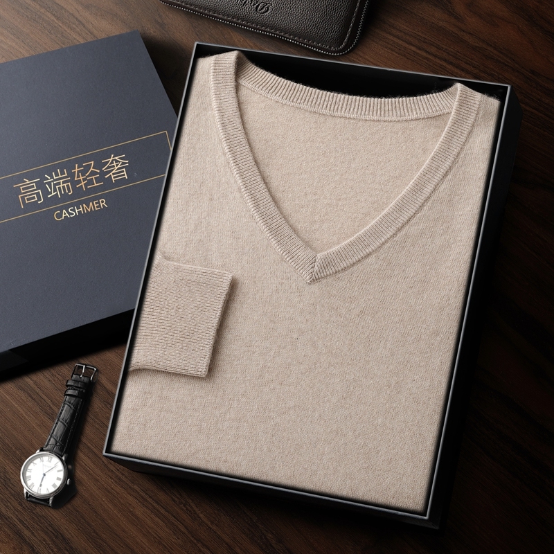 Autumn and Winter New Men's High Luxury 100% Cashmere V-neck Knitted Sweater Loose Simple Solid Color Hoodie Medium Thick 26Y1017