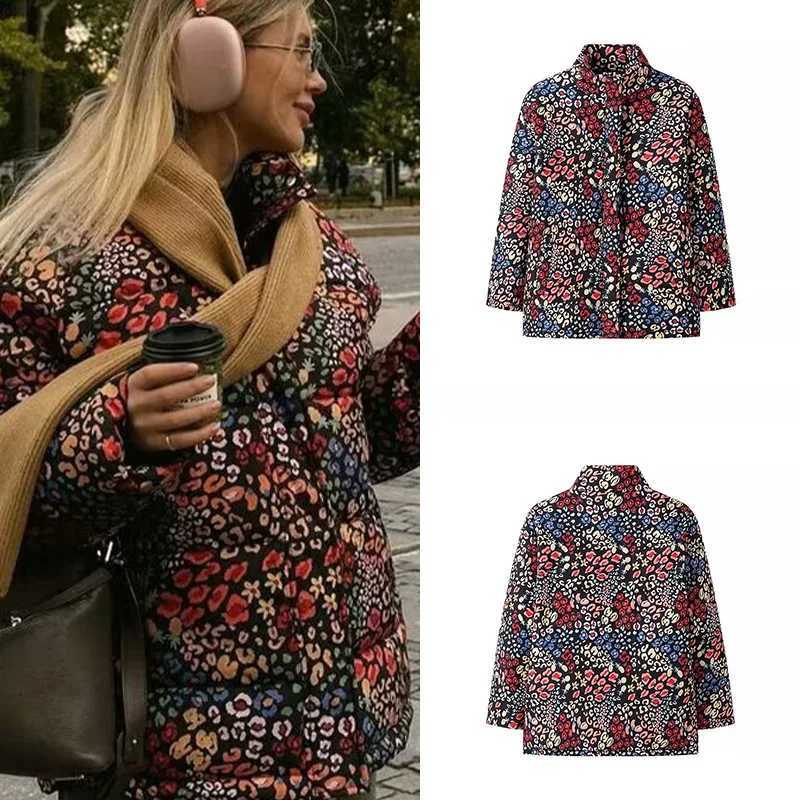 Women's Down Parkas UETEEY 2026 New Women's Street Fashion Casual Printed Cotton Jacket Colorful Print Stand Collar Short Jacket Winter Do