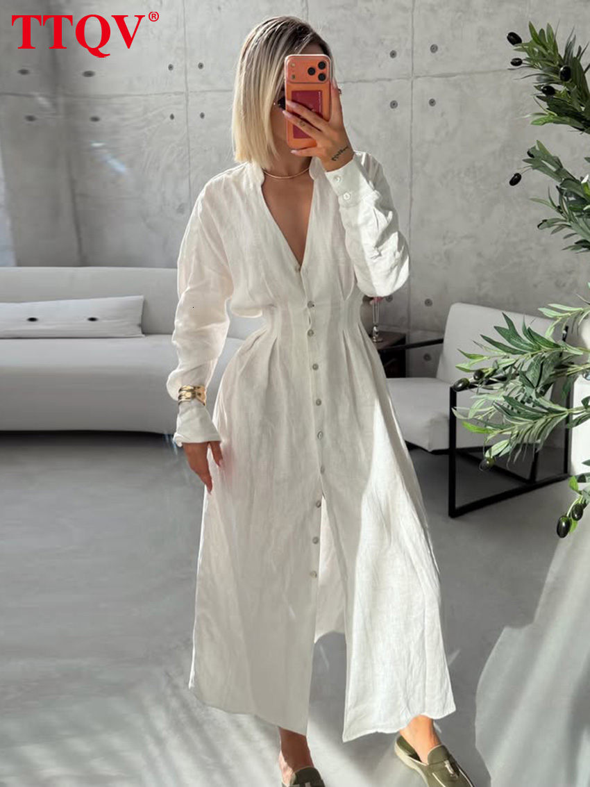 Fashion Loose White Women's 2026 Sexy V-Neck Long Sleeve Ankle Length Dresses Elegant Classic Slit Female Dress