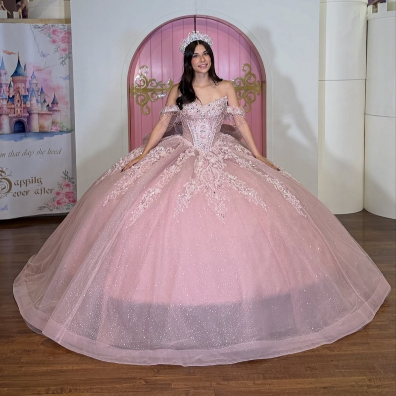 Pink Glitter Quinceanera Dresses Off Shoulder Ball Gown Sweet 16 Dress Applique Lace Beading Crystal Bow Tull Party Birthday vestidos 15 de anos