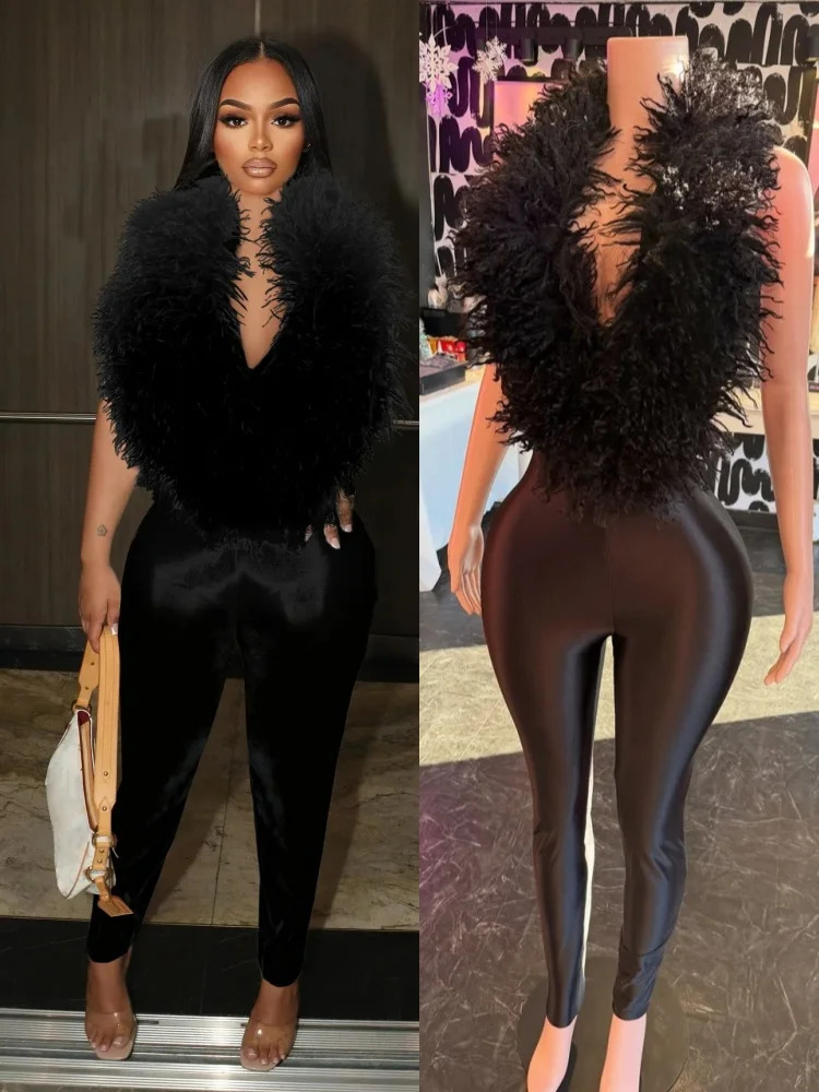 Joskaa Sexy Furrry Jumpsuit Backless Stretch Skinny Romper Midnight Party Clubwear Women Hipster Deep V-Neck Halter 261016